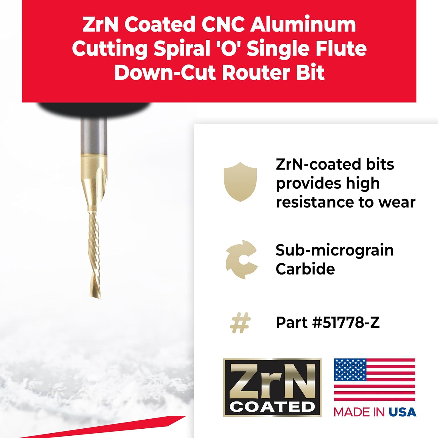 Amana Tool 51778-Z SC Spiral O Single Flute, Aluminum Cutting 1/8 D x 3/4 CH x 1/4 SHK x 2-1/2 Inch Long Down-Cut ZrN Coated Router Bit with Mirror Finish