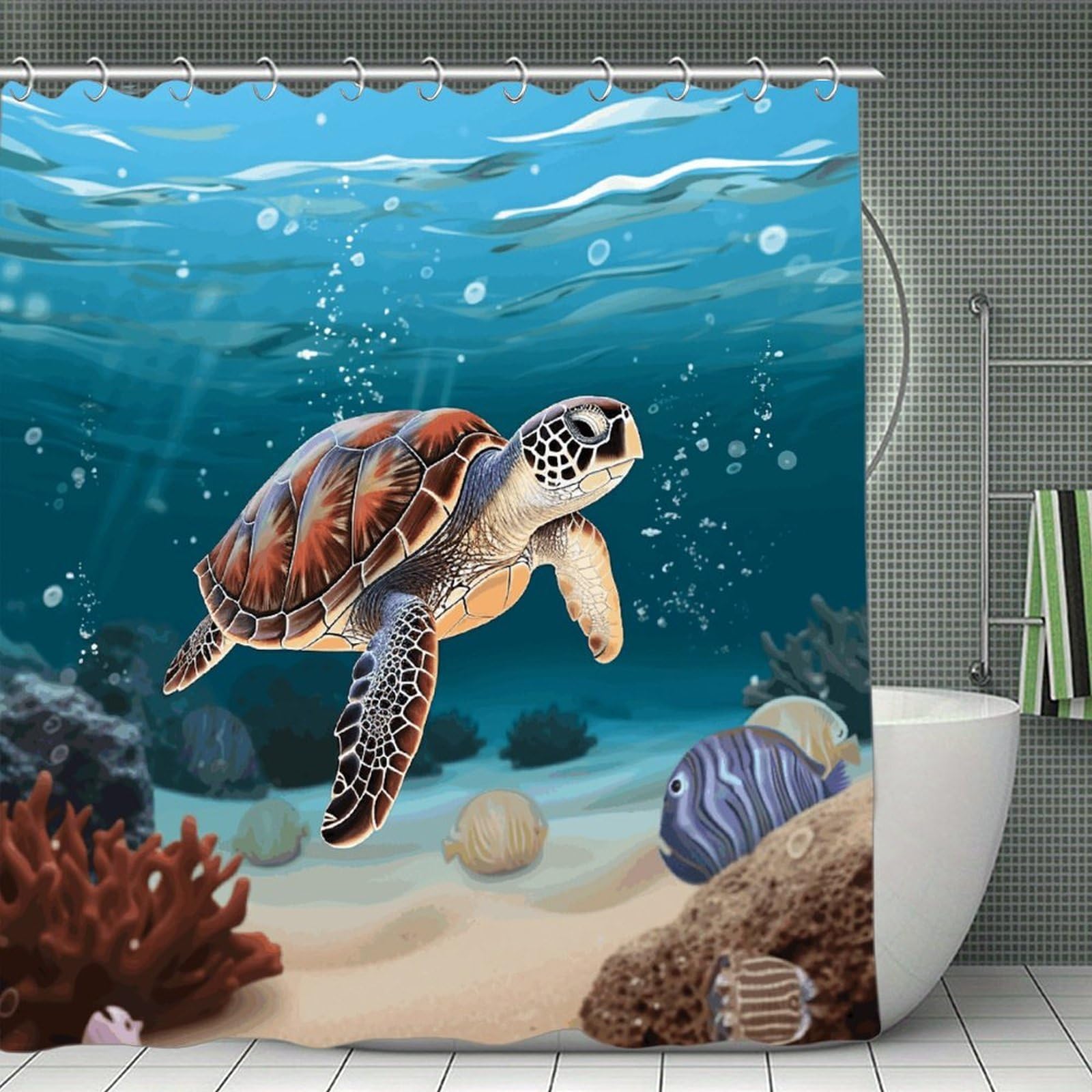 VstaDank Sea Turtle Swimming Shower Curtain Light-Weight Blackout Bathroom Curtain Washable Shower Liner 71x71 Inch Bath Curtain with Metal Holes Bathtub Bath Room