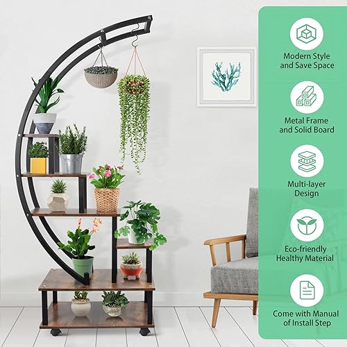 Miniatura 2 de Seeutek 2 soportes de metal de 6 niveles altos para plantas de interior con lazo para colgar, soporte de estante de escalera en forma de media luna,