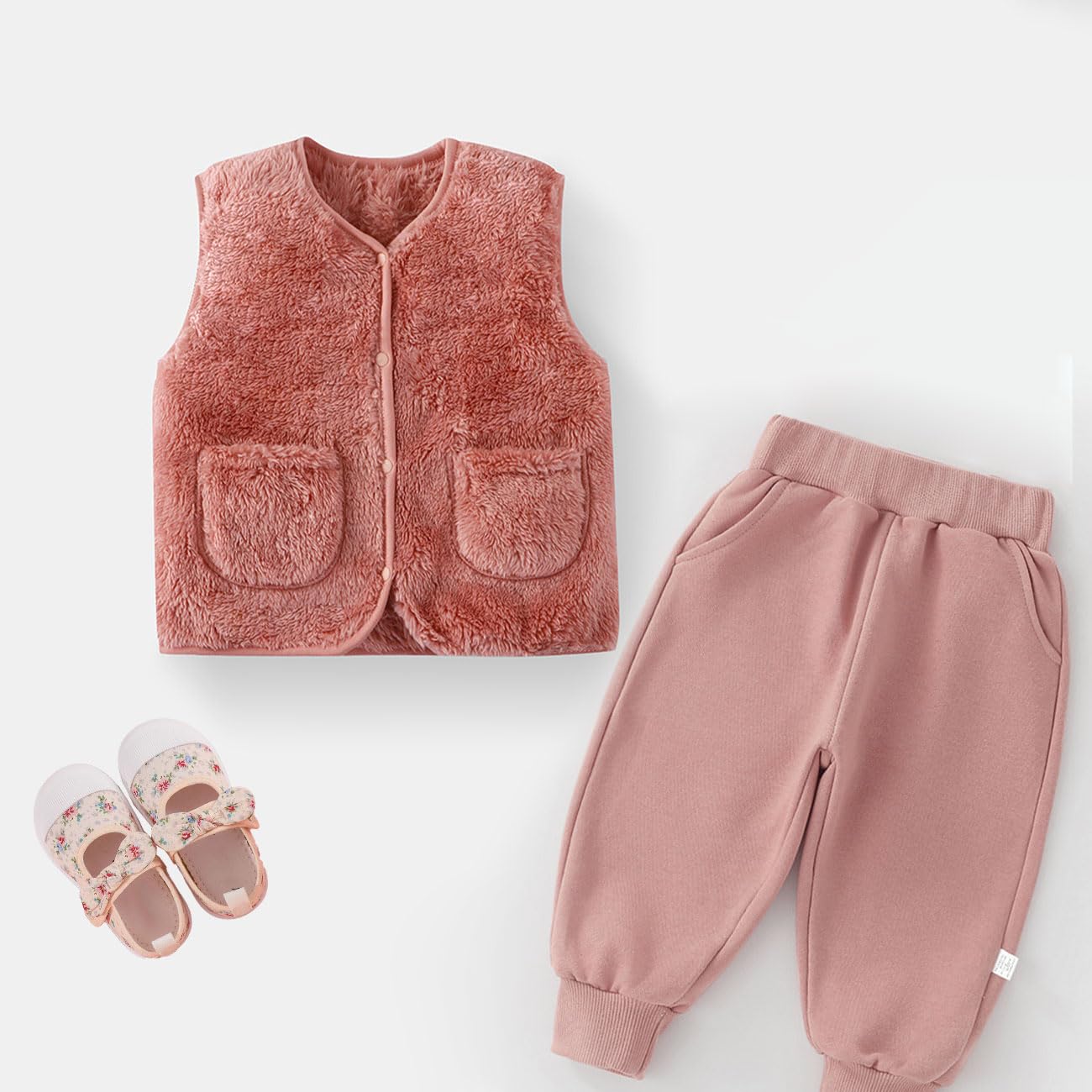 Bébé Fille Gilet Sans Manche en Polaire, Tout-Petit Mignon Fille Automne Hiver Veste sans Manches, Chaud Bouton-Pression Enfant Veste, Unisexe Vêtements avec Poches Beige/Rose, 1 à 7 Ans