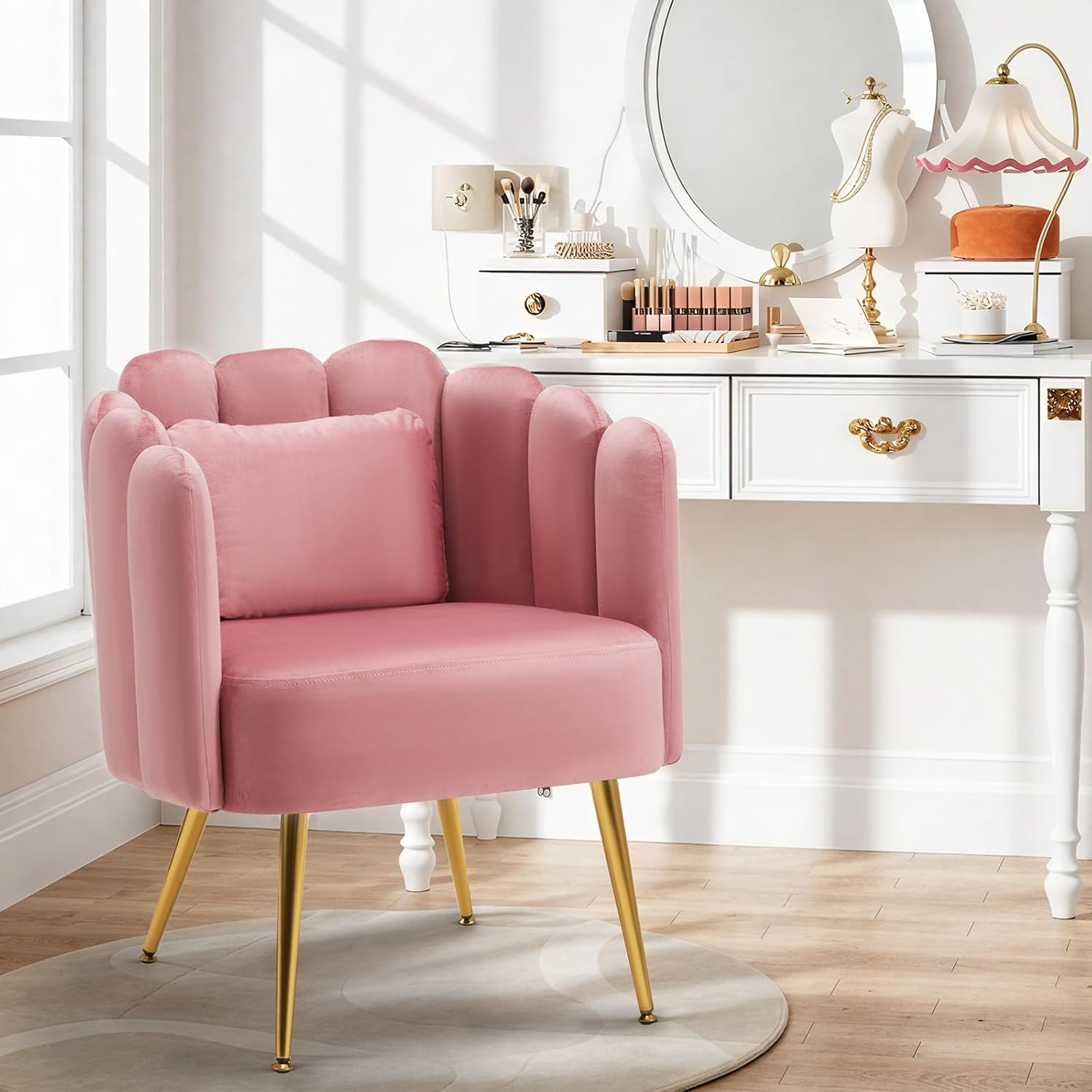 homrest vanity chair with back,velvet accent chairs,petal backrest decorative chair,removable pillow & gold legs - plush lounge chair for vanity, living room, bedroom- pink