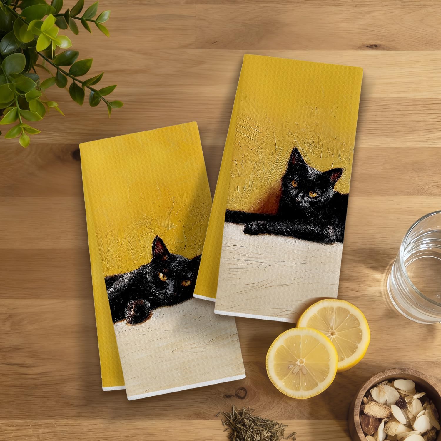 Black Cat Kitchen Dish Towels, Cat Lover Mom Lady Gifts, Mustard Yellow Moody Kitty Kitten Decorative Hand Tea Towels for Bathroom Kitchen, 16x24 Inches Set of 2 - Image 3