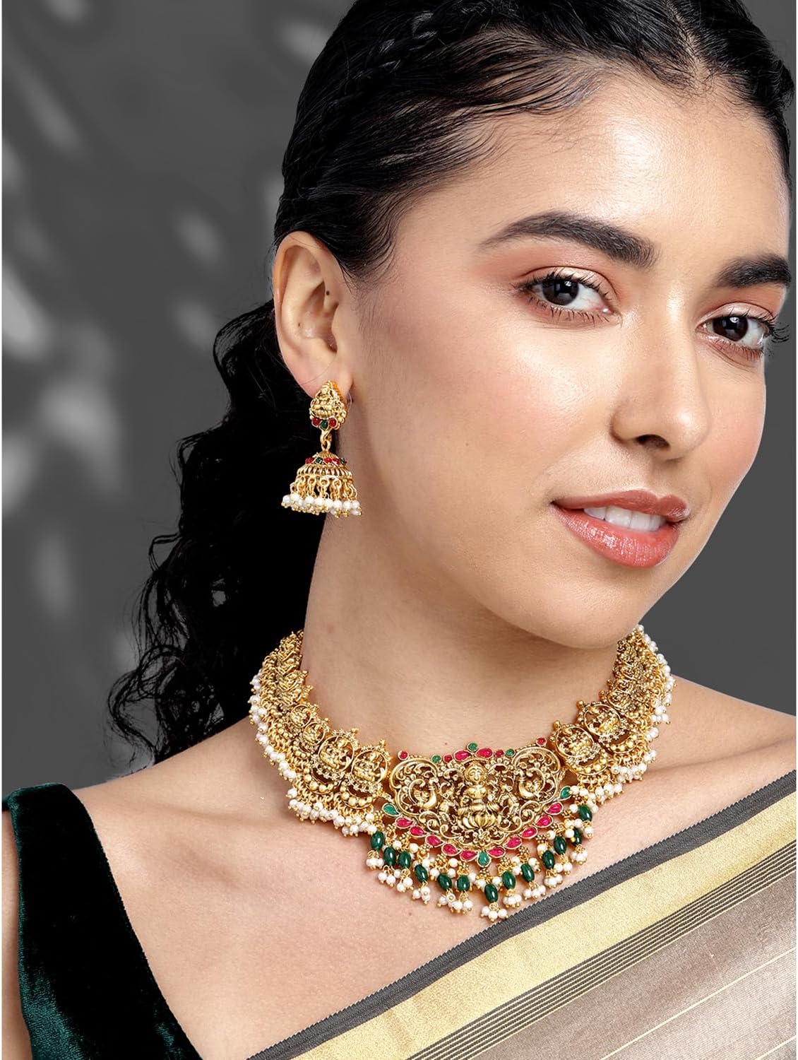 Aheli Lariya Pearl Kundan Necklace Set with Temple Design and Earrings Bharatanatyam jewellery set Gift for Women