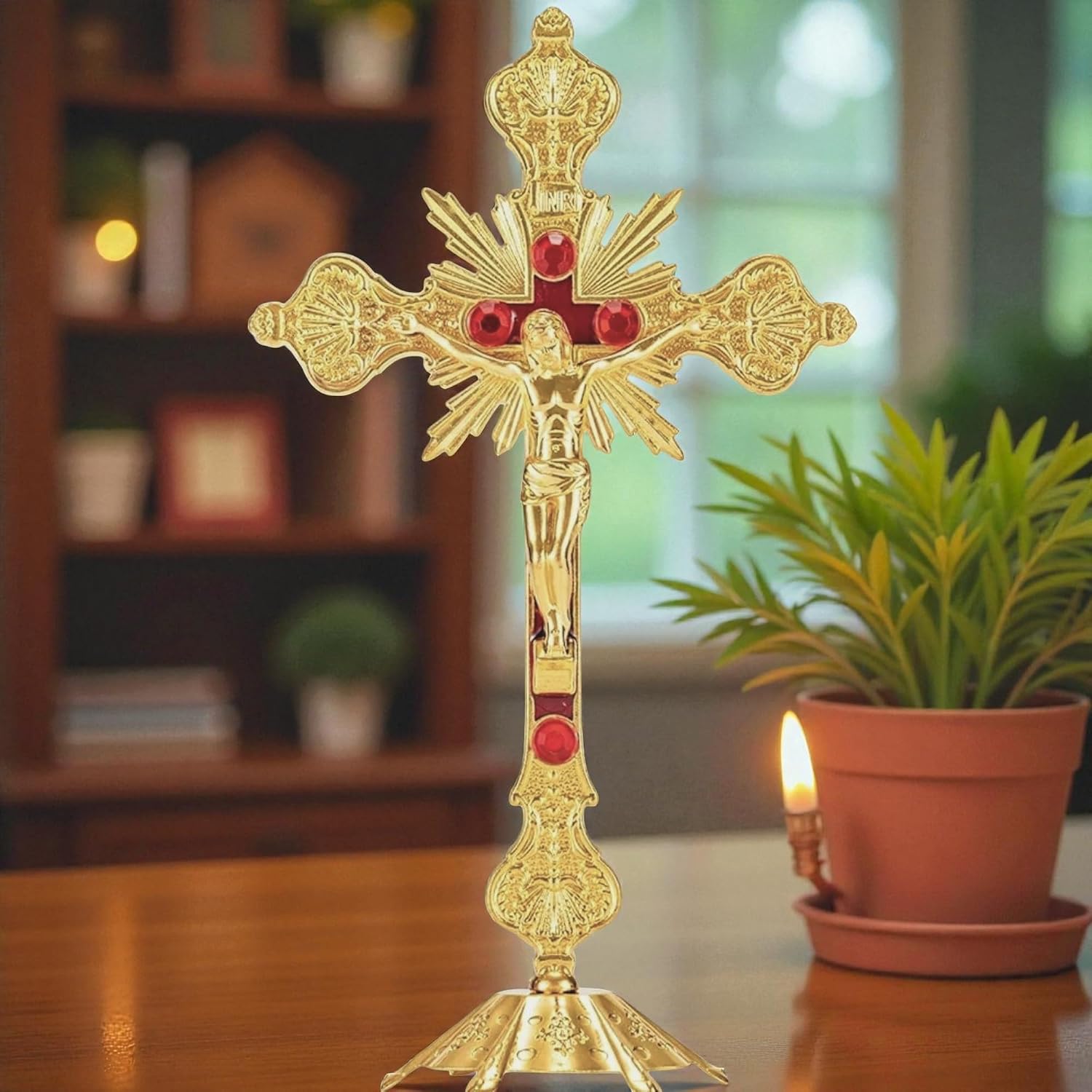 10" Catholic Standing Crucifix Religious Gift Set – Ornate Metal Table Cross for Home Altar Decor & Christian Devotions, Gift