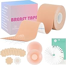 AOOWU Nastro Adesivo Seno, 2 Copricapezzoli in Silicone con 10 Petali di Seno in Raso, 36P Nastro di Corpo Biadesivo per Reggicalze e Gonne, per Riunito Prevenire Il Rilassamento Toracico, A-G