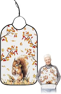 Kewadony Adult Bibs for Elderly Women - Thanksgiving Waterproof Dining Clothing Protectors with Crumb Catcher for Eating/Feeding, Cute Squirrel Fall Branch Maple Leaves Terry Cloth Bib Washable