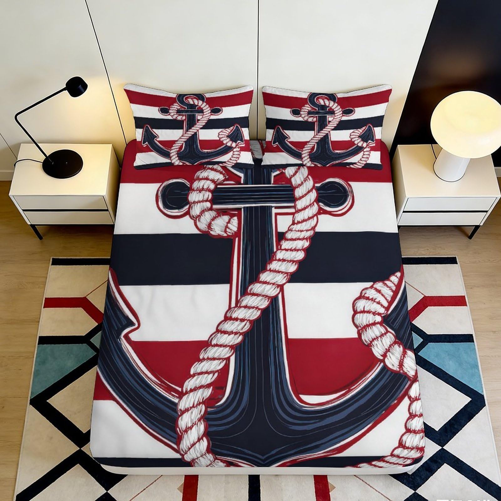 Pnayamiorkfel Style-10 3D Printed Nautical Anchor Fitted Sheet Microfiber Soft Navy Red Rope Stripe Bed Cover For Bedroom Dorm Guest Room 90X200x25cm