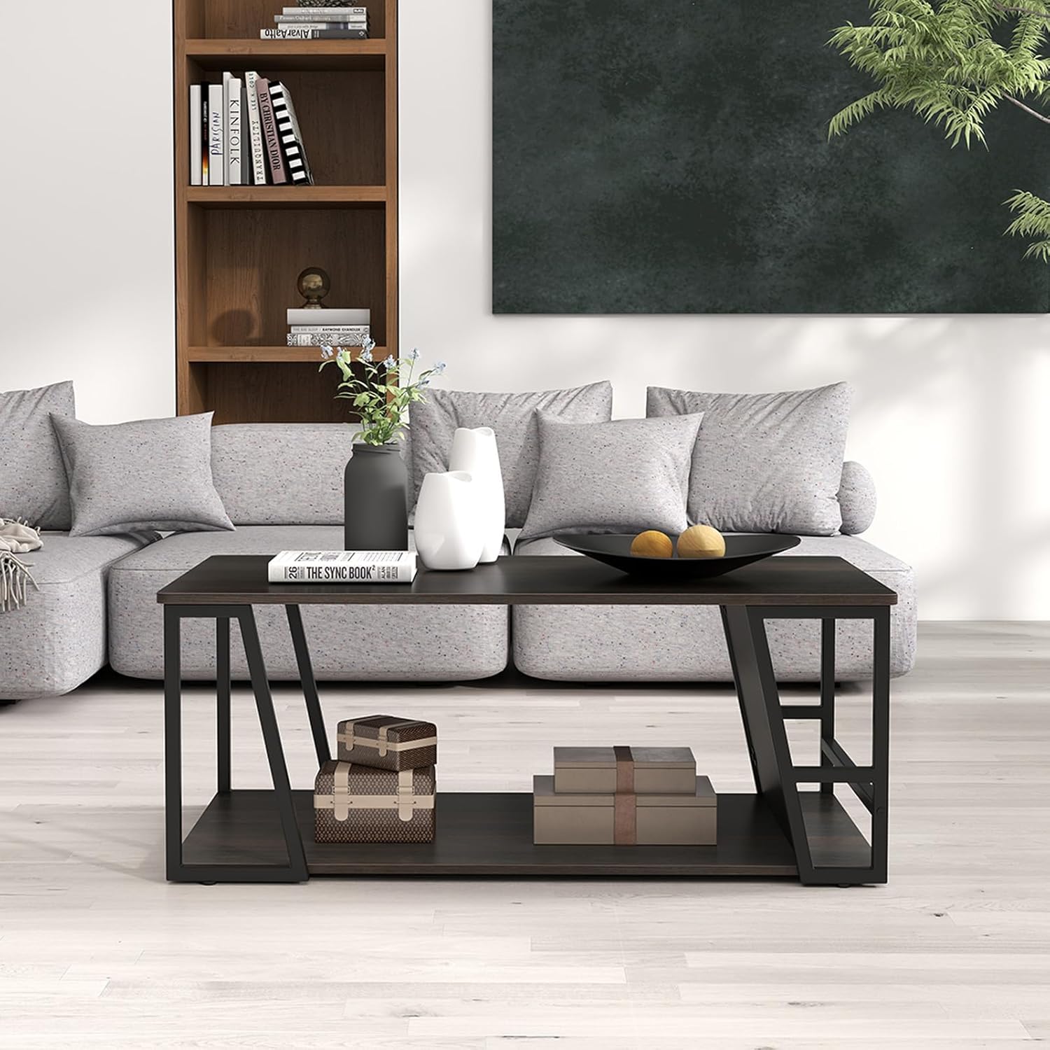 Giantex Modern Coffee Table with Storage, 2-Tier Rustic Wood Center Table with Shelf, Compartment, Metal Frame, Rectangular Geometric Living Room Table for Apartment (Espresso)