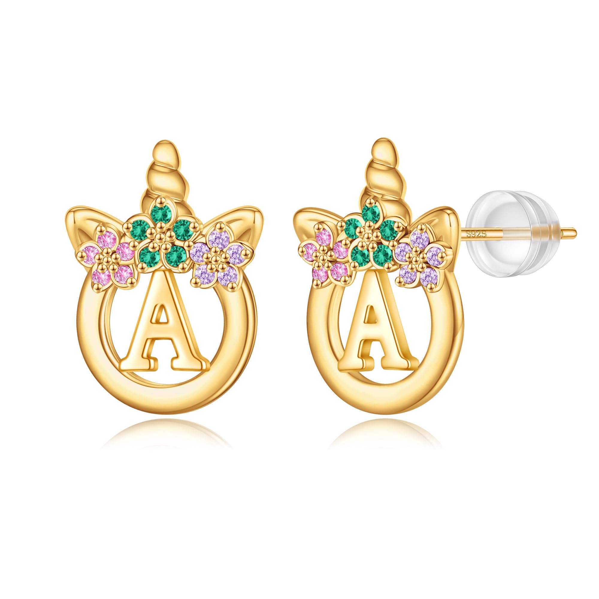 Unicorn Earrings Gifts for Girls - 925 Sterling Silver Stud Earrings Hypoallergenic Initial Unicorn Earring for Girls Kids Jewelry CZ Birthday Gifts