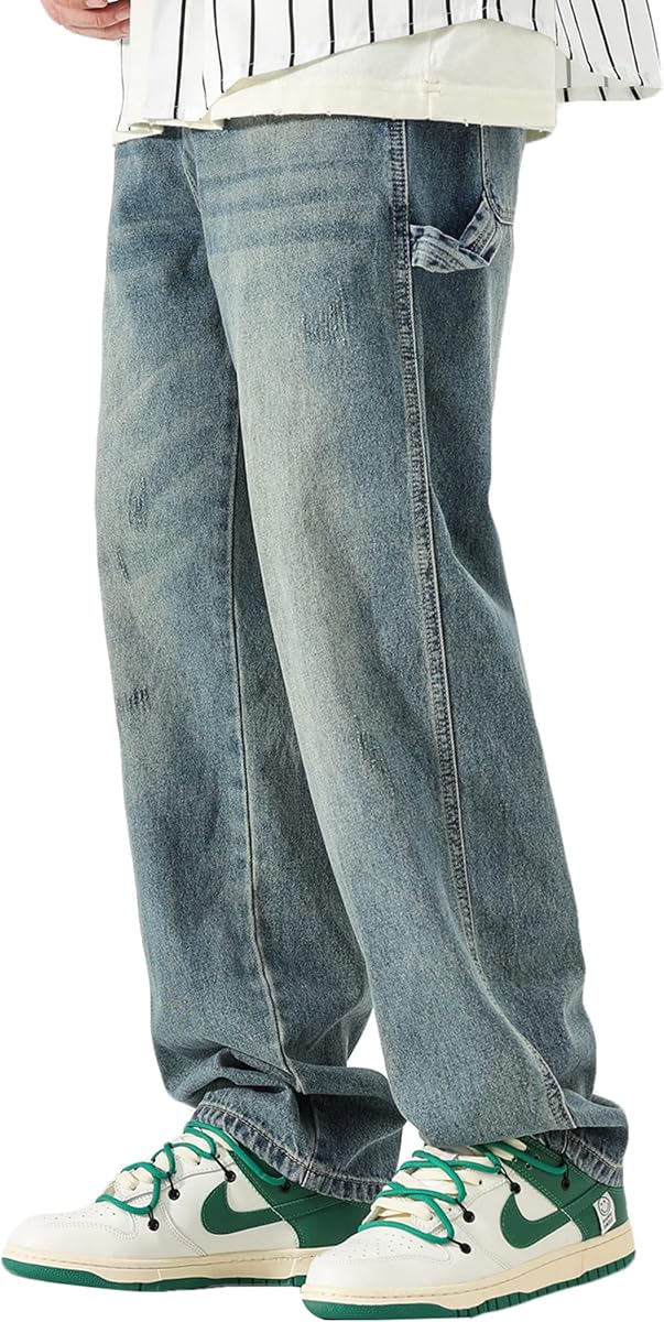 Mens Baggy Jeans Distressed Bootcut Ripped Jeans Relaxed Fit Denim Pants | Blue Carpenter Jean Pants Wide Leg Destroyed Cowboy Trousers 5-Pocket Zipper Western Skate Cargo Hip Hop Work Y2K Streetwear