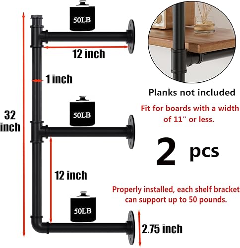 Miniatura 3 de Soportes industriales para estantes de tubería de montaje en pared, estantería negra abierta para cocina, soportes de estante flotante, soportes