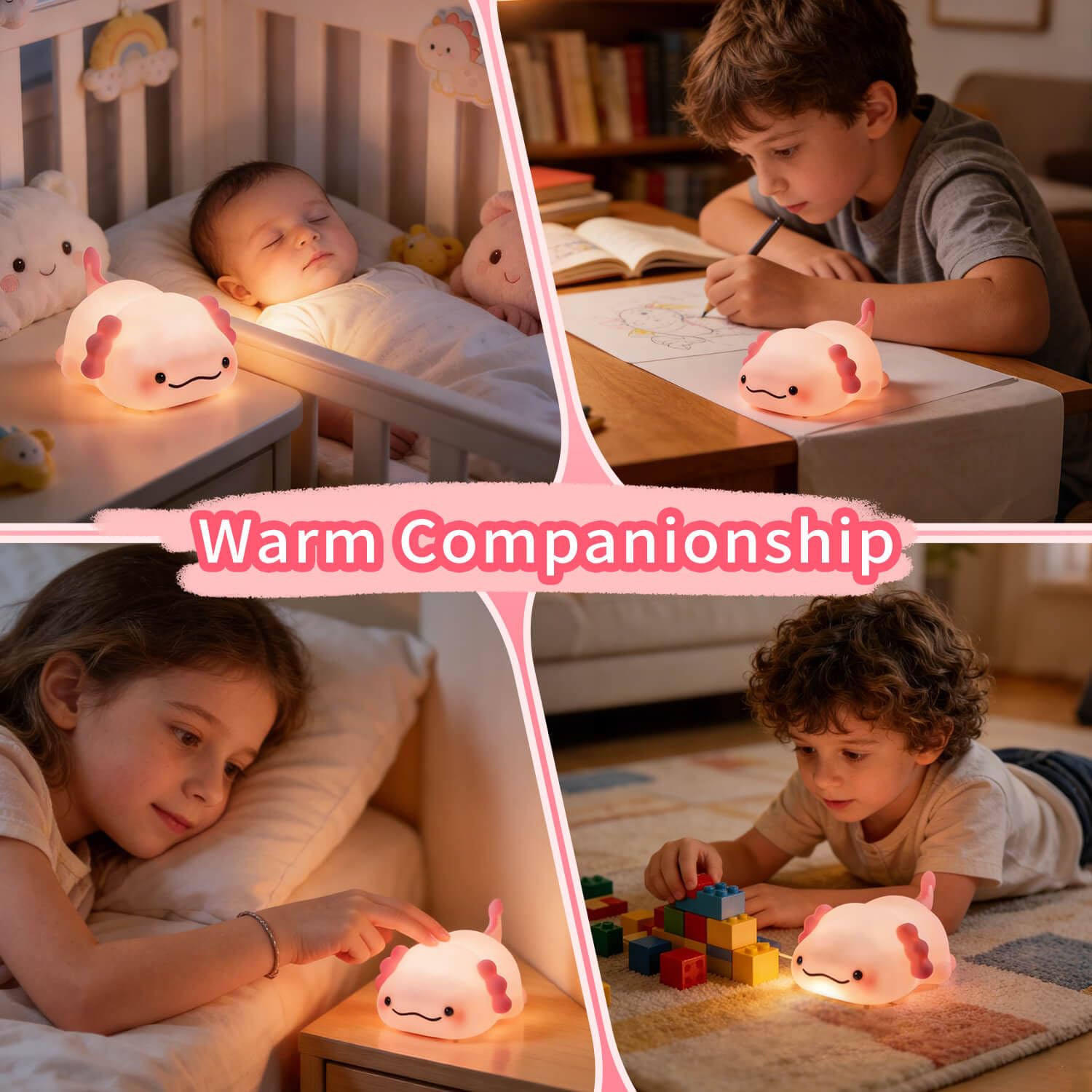 Axolotl - Luz nocturna para niños, silicona blanda de 3 niveles regulable, control táctil, bonita luz nocturna con temporizador, portátil, recargable por USB, lámpara de noche rosa, regalos