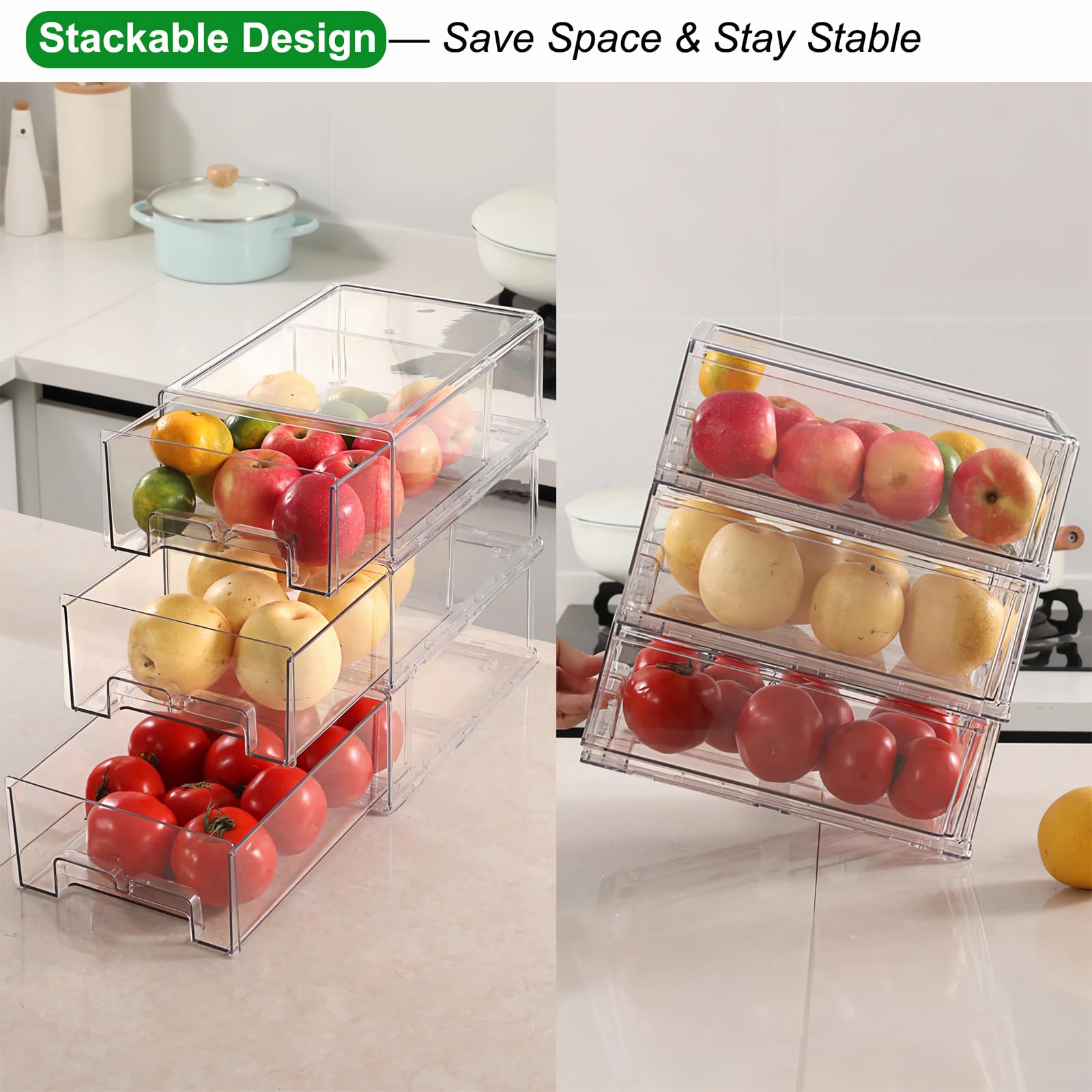 Taiuloo Paquete de 2 cajones de refrigerador, contenedores organizadores transparentes para refrigerador con cajón extraíble, contenedores de almacenamiento de alimentos sin BPA, caja de