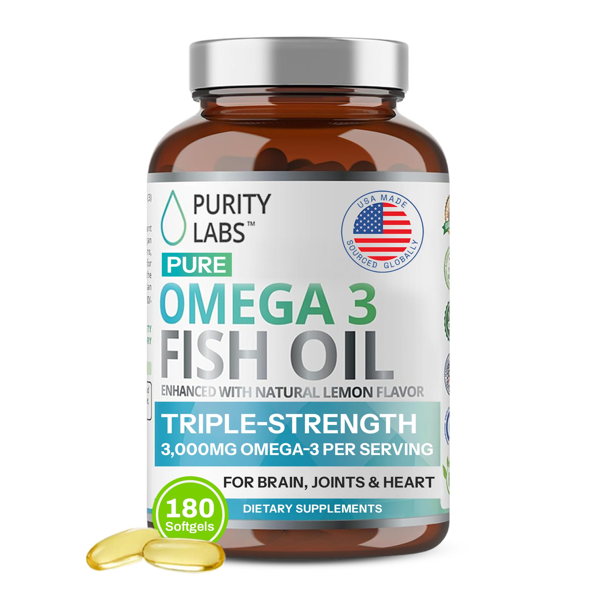 Purity Labs Omega 3 Fish Oil 3000mg – DHA & EPA Omega 3 Fatty Acid Supplements to Support Heart and Brain Health - Immune Support Supplement - 180 Softgels (60 Servings)