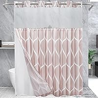 Vista 34 de Juego de cortina de ducha blanca sin gancho con forro de tela a presión, estilo hotel con ventana superior de malla transparente, diseño geométrico