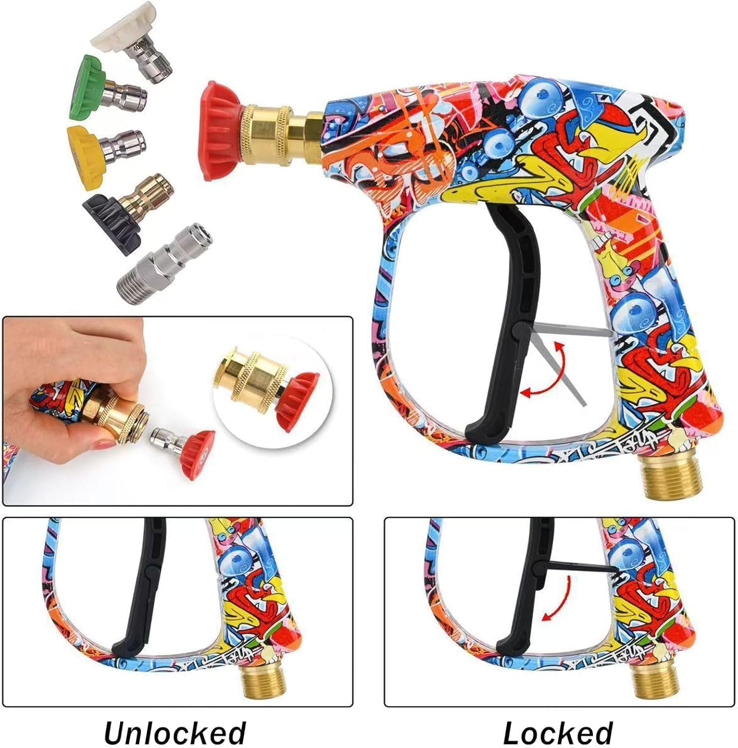 Pistolet do mycia wysokociśnieniowego Graffiti, pistolet do czyszczenia wysokociśnieniowego wyposażony w 5 dysz, kolorowy design graffiti, regulowany tryb sprayu, odpowiedni do podłóg