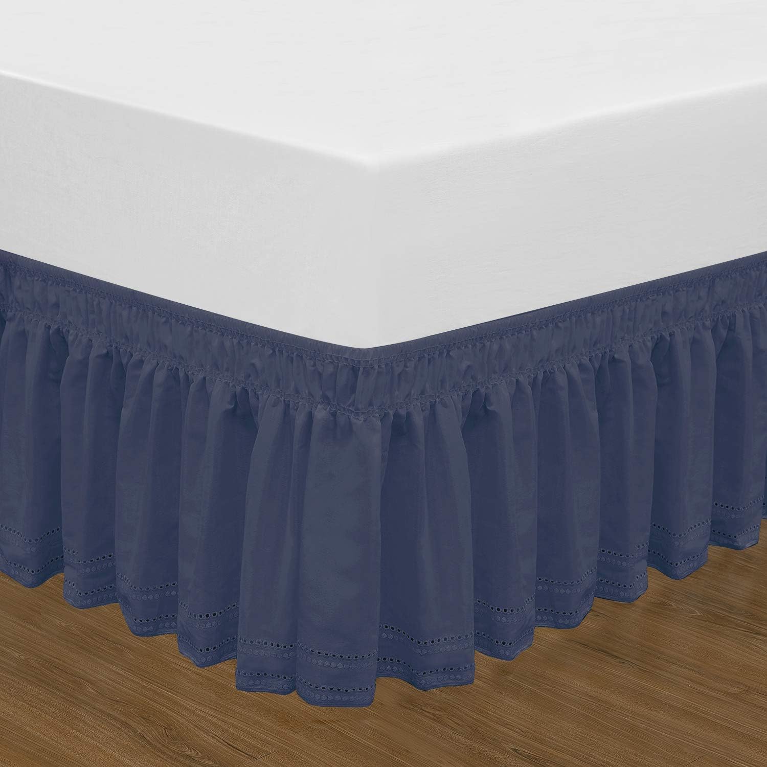 QSY Home Wrap Around Elastic Eyelet Bed Skirts 14 1/2 Inches Drop Dust Ruffle Three Fabric Sides Easy On/Easy Off Adjustable Polyester Cotton(Navy Twin/Full)