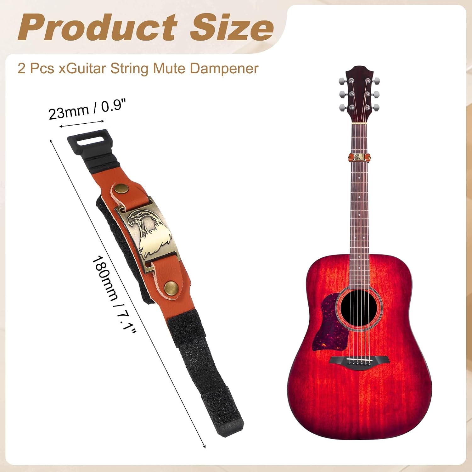 MECCANIXITY 2 Pcs Guitar Mute Wrap, 7.1 x 0.9in Adjustable String Dampener Mute Wrap for Guitar Bass Ukulele Musical Instrument Accessories Fretboard Noise Reduction, Brown Leather-Eagle image 2