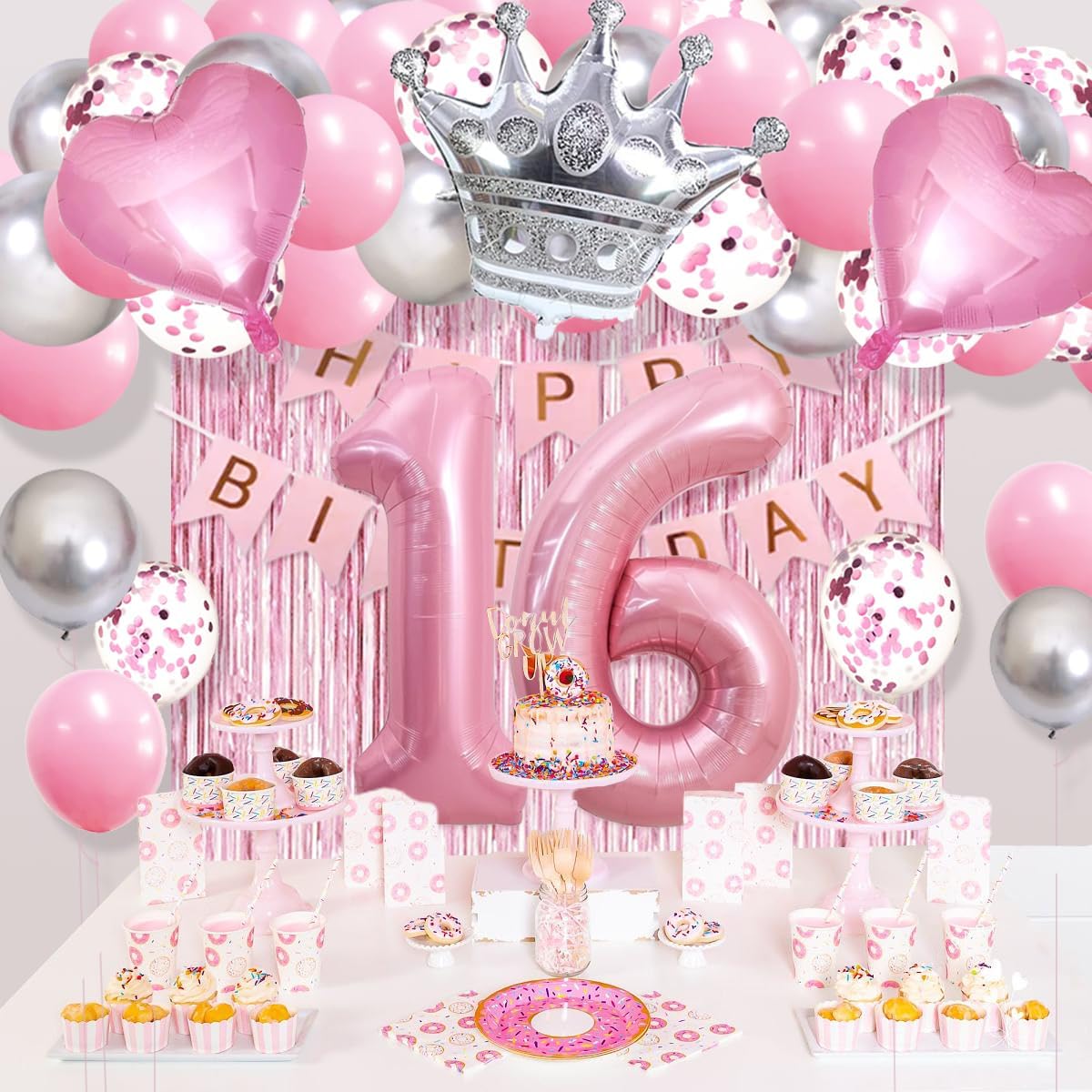 Sweet 16th Birthday Decorations Pink: 60pcs Balloons, Fringe Curtain, Crown Balloon, Pink & Silver Theme for Girls' 16th Birthday Party - Image 6