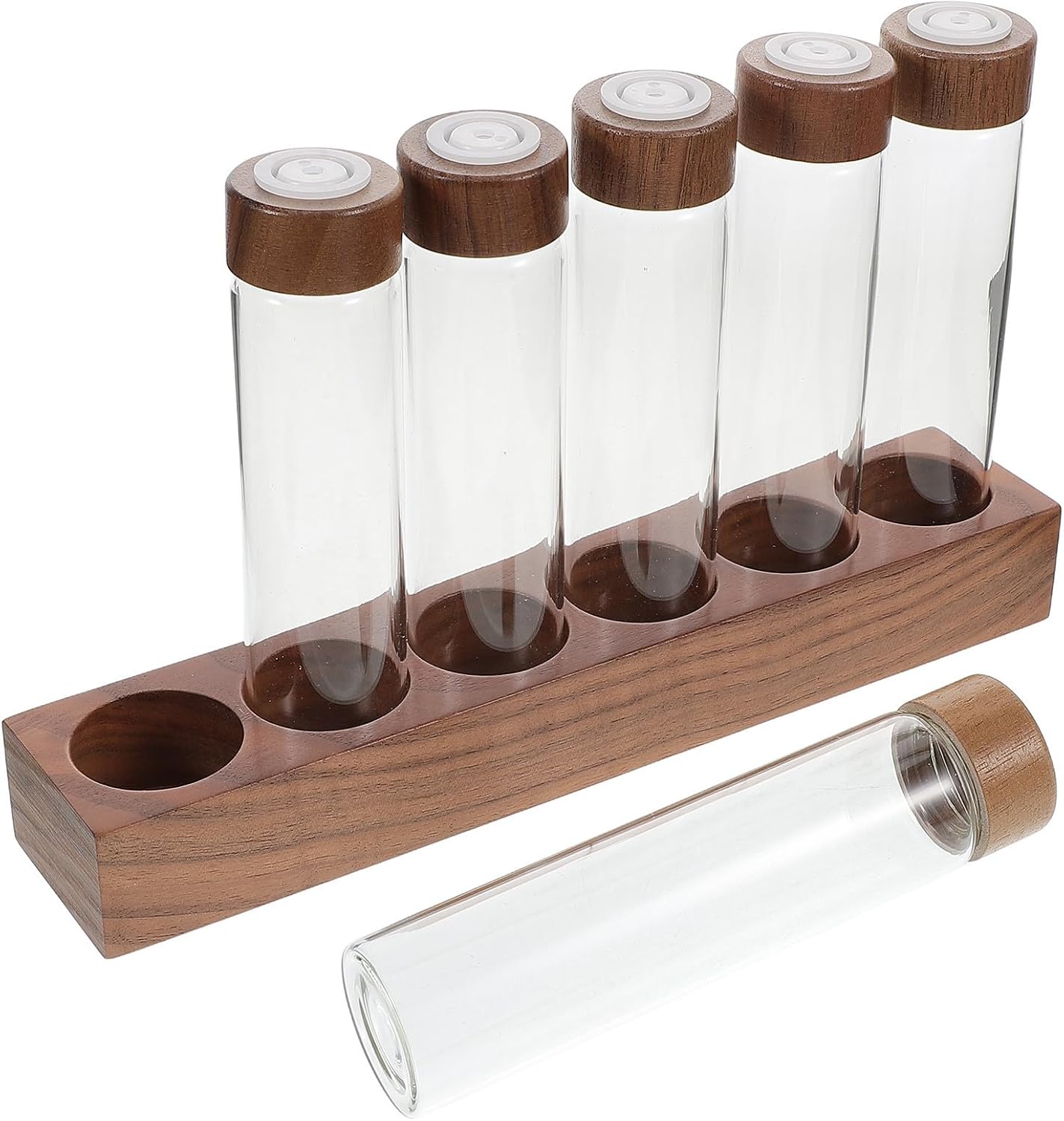 Glass Coffee Bean Storage Tubes Elegant Design with Wooden Base and Airtight Valves 6 Single Dose Containers for Fresh Coffee Beans and Spices for Organizing at Home