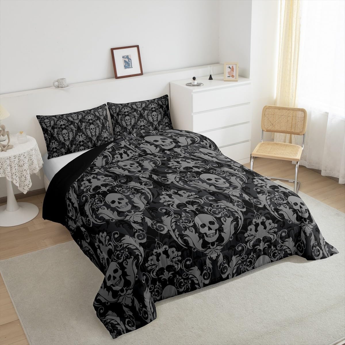 Sugar Skull Bedding Set for Kids Boys Girls Grey Black Damask Floral Comforter Set Twin Size Vintage Jacquard Duvet Quilt Bedroom Decor Breathable Soft Lightweight Microfiber Exotic Floral 2Pcs