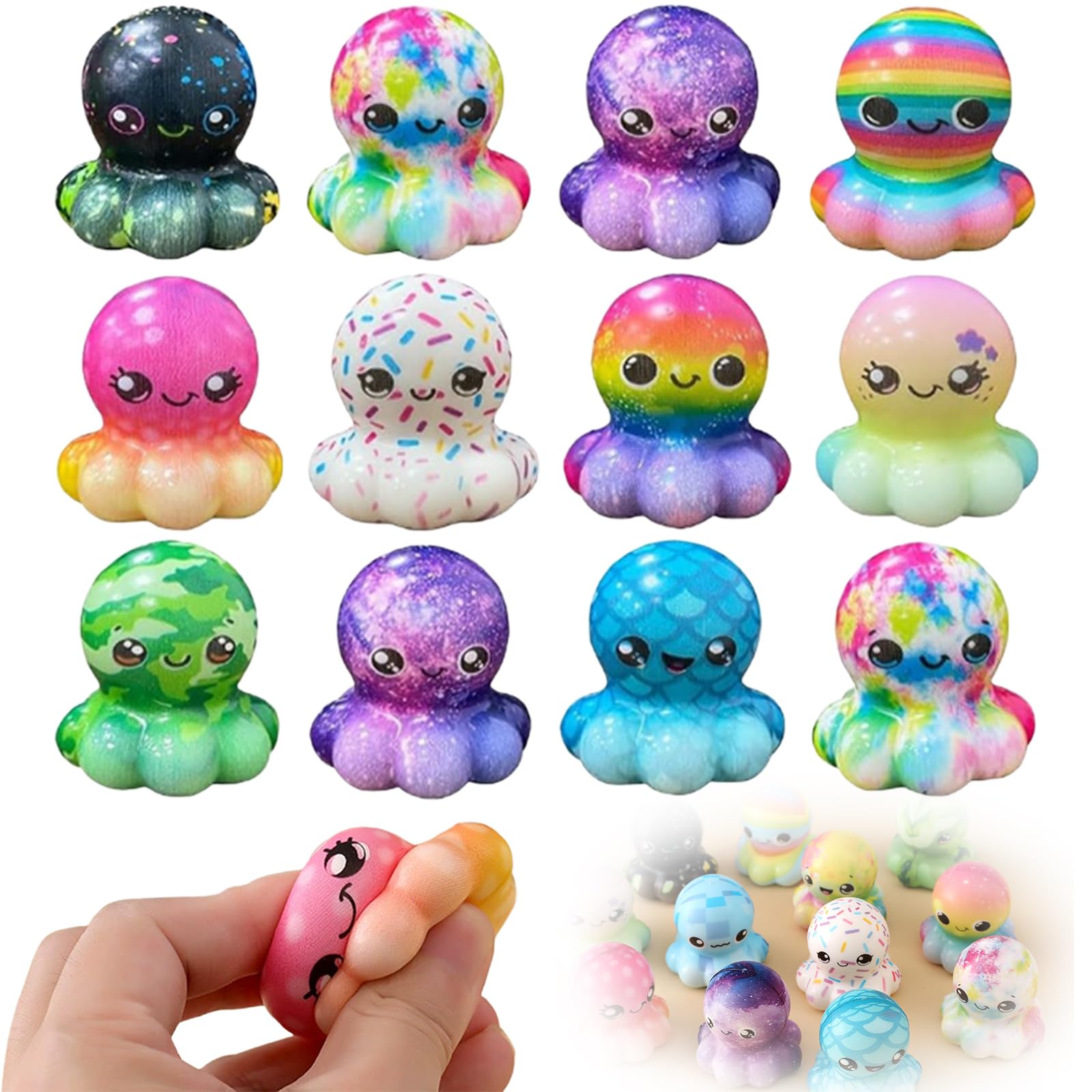 12Pcs Octopus Squishy Ornaments, Random Kawaii Mini Slow Rising Soft Stress Relief Balls, Anxiety Relief Fidget , Improving Focus , Ideal Party Birthday Gift for Adults (12pcs-Random, One Size)