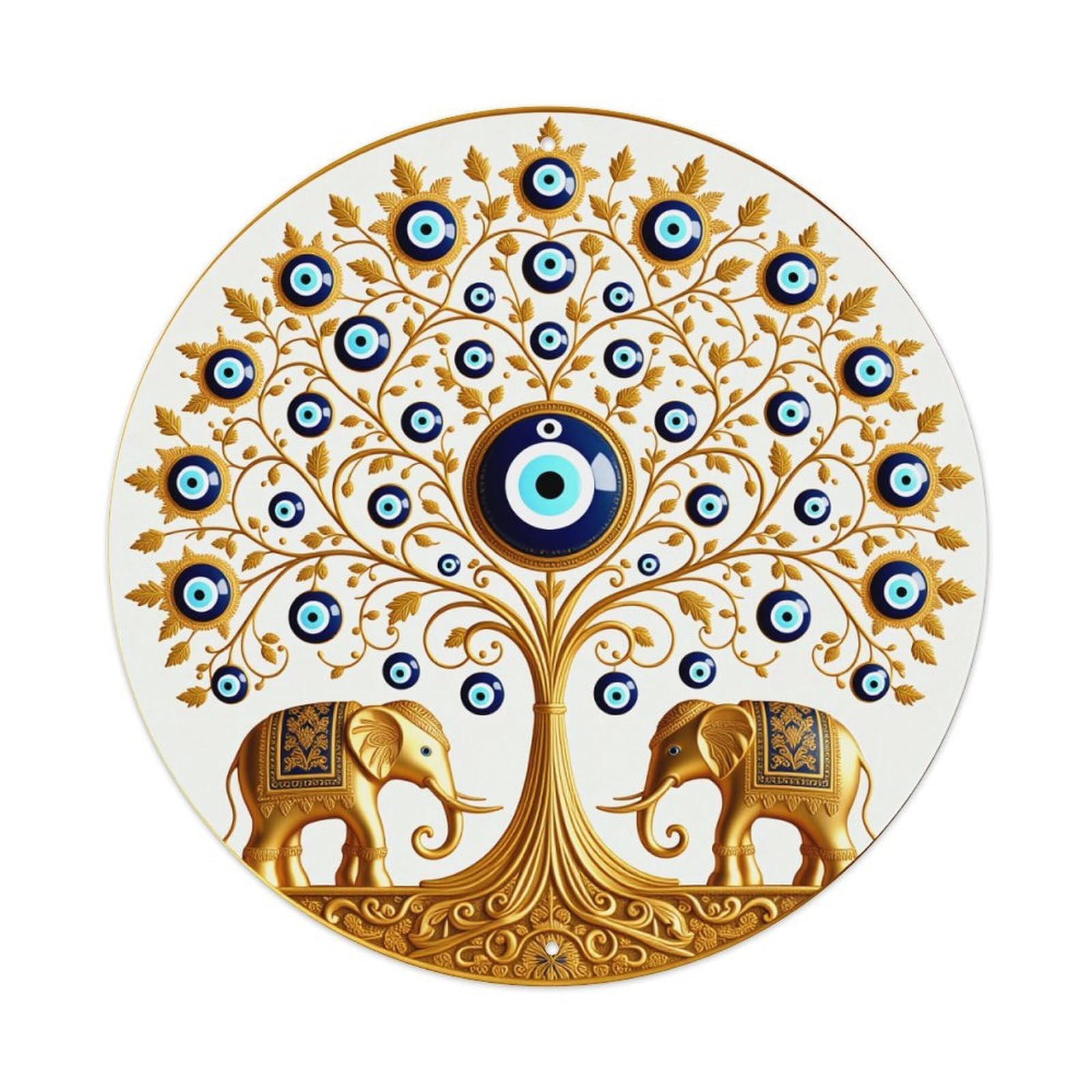 Golden Tree With Elephants And Eyes Round Tin Sign Vintage Metal Sign Home Bar Garden Indoor & Outdoor Wall Decor Retro Metal Poster 8x8 Inch