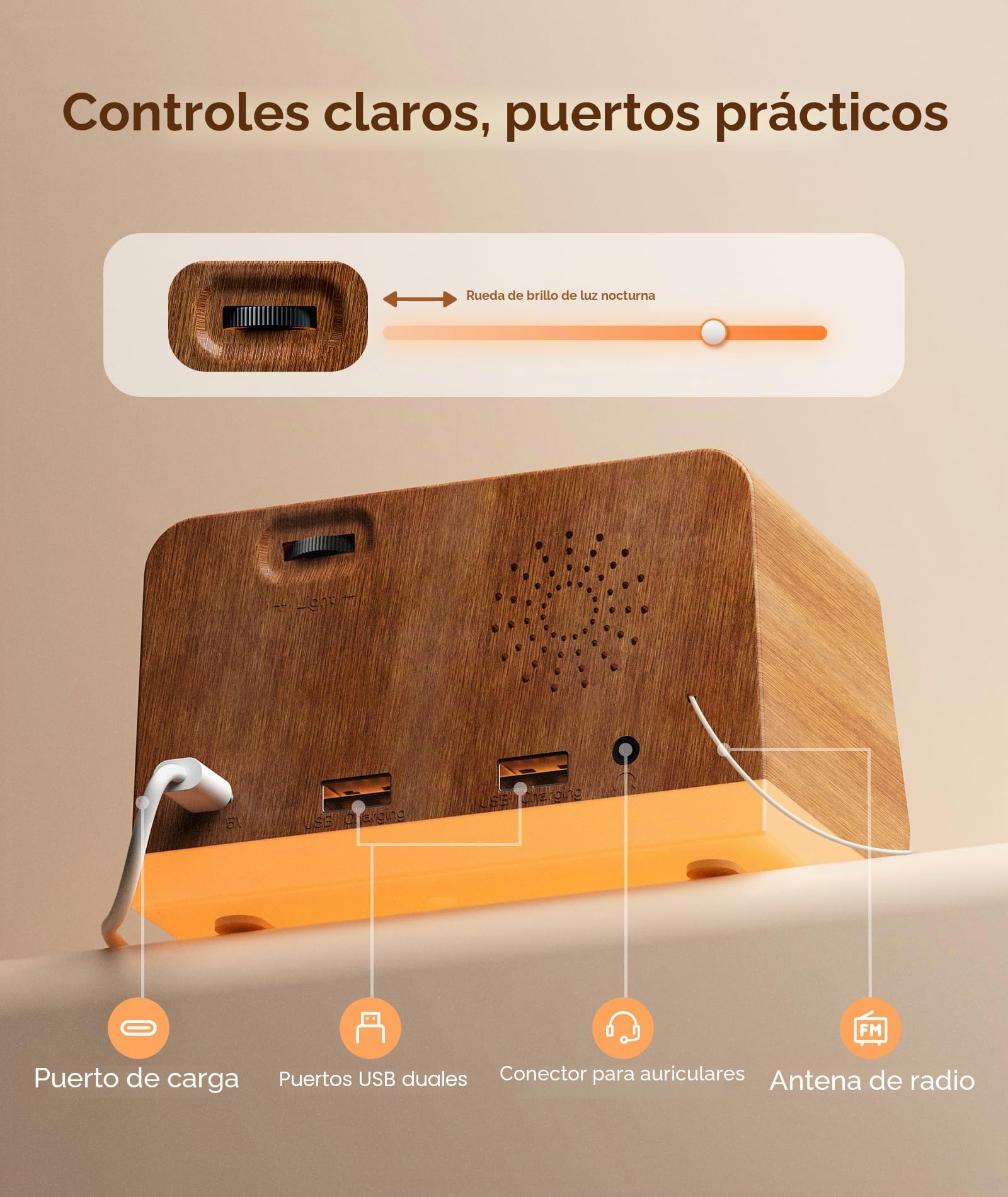 Dreamegg Radio Despertador Digital con Luz Nocturna, Radio FM, Doble Alarma, Maquina Ruido Blanco 25 Sonidos, LED & Luz Ajustable, Temporizador 10–480 min, 2 Puertos USB, Snooze, Toma Auriculares