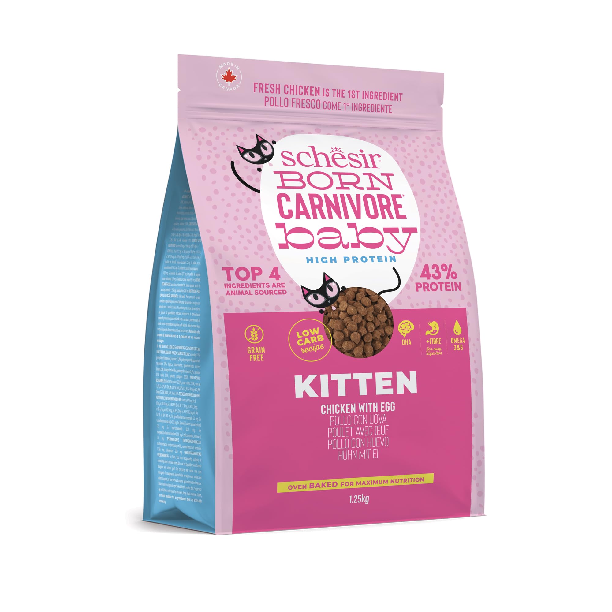 Schesir Born Carnivore Baby, saveur Poulet et œuf, croquettes pour Chatons, croquettes cuites au Four (Sachet de 1,25 kg)