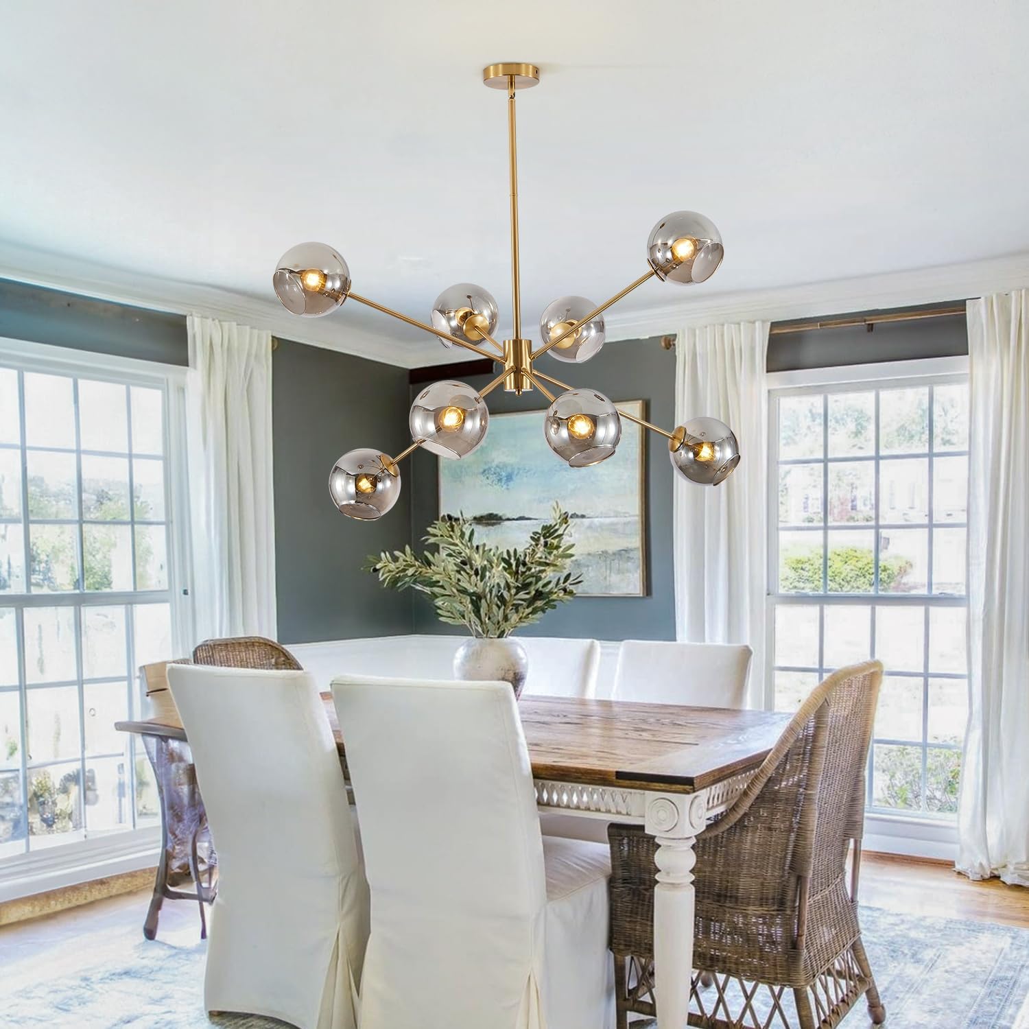BOKT Modern Vintage Globe Sputnik Chandelier Gold Smoked Gray Glass Light Fixture Large 8 Light Mid Century Brushed Brass Pendant Light Kitchen Island Contemporary Ball Hanging Lamp