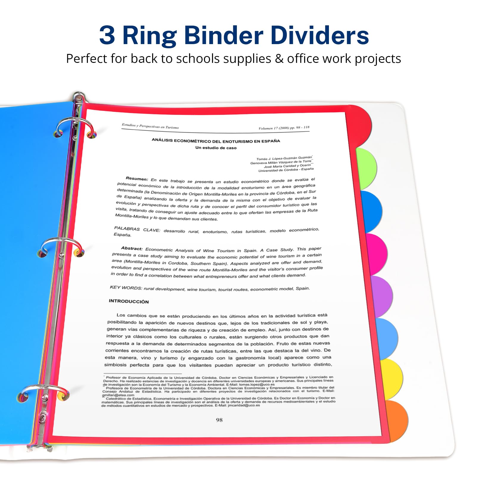 Trennblätter für 3-Ringordner, 8 Register, 96 Stück, Kunststoff-Trennblätter mit Tabs, 3-fach gelochte Trennblätter, Index-Taber, farbige Buchstabengröße, für Schule, Büro, mehrfarbig