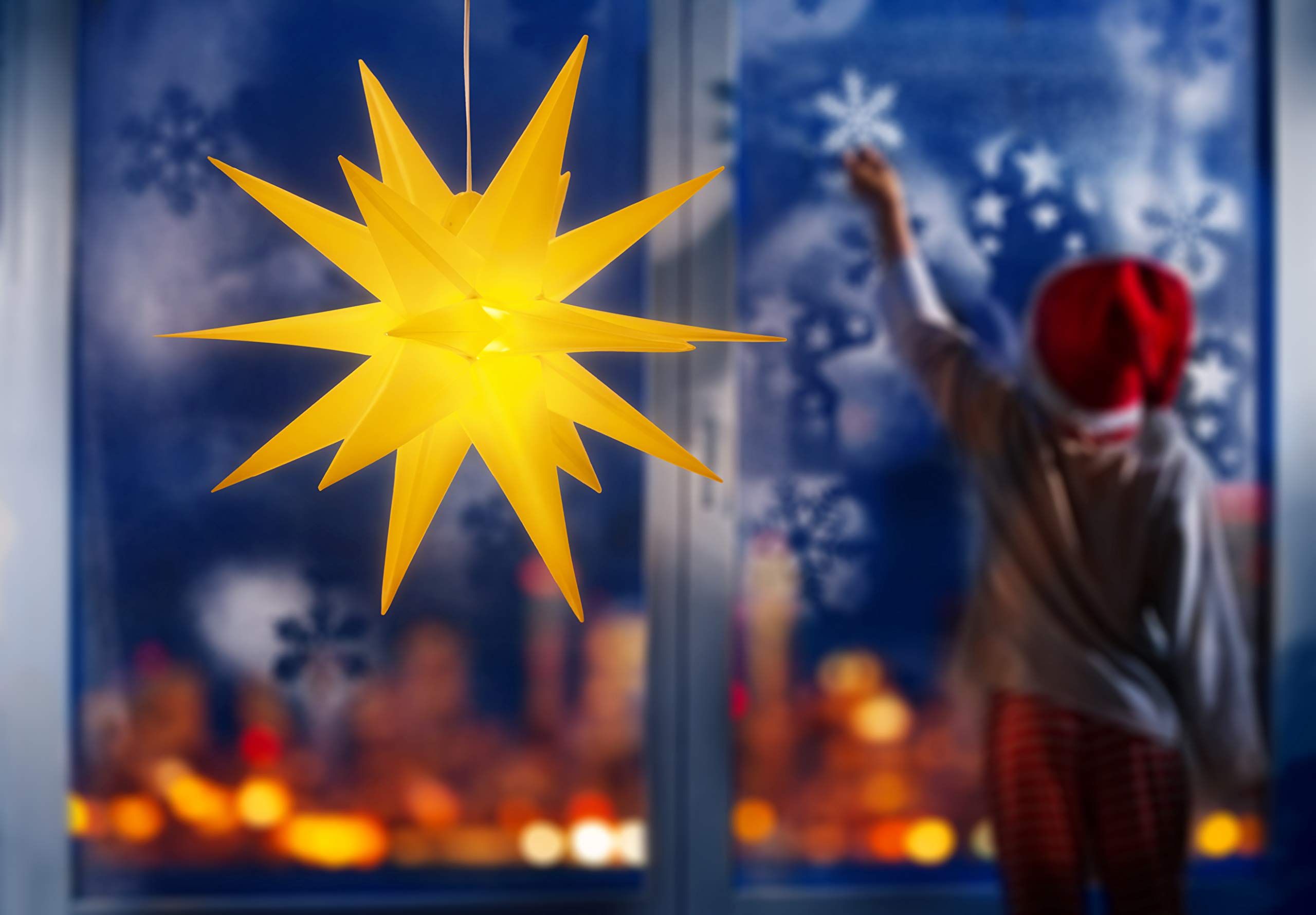 Lot de 3 étoiles lumineuses 3D Ø 25 cm – Étoile de Noël avec éclairage blanc chaud, convient pour l'intérieur et l'extérieur, suspendue, câble d'alimentation de 100 cm, fonctionnement à piles (jaune)