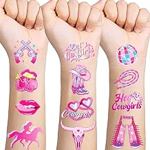 Qpout 144pcs Glitzer Cowgirl Temporary Tattoos Dekorationen Western Pink Disco Pferd Rodeo Yeehaw Party Supplies, Rosa Cowgirl Tattoos Junggesellin Let's Go Girls Party Gesicht gefälschte Tattoos …