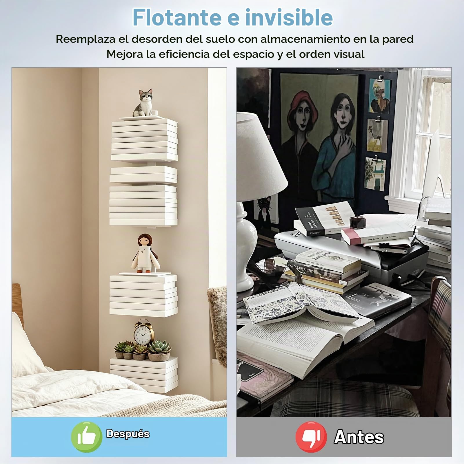 Estantería Flotante Invisible 4 Piezas para Libros y Decoración, 8 Pisos
