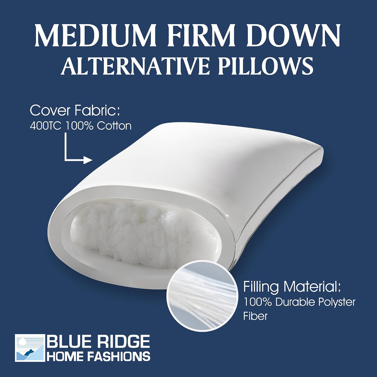 Blue Ridge Home Fashions Medium Soft Bed Pillows Queen Size Set of 2 400 Thread Count 100 Cotton