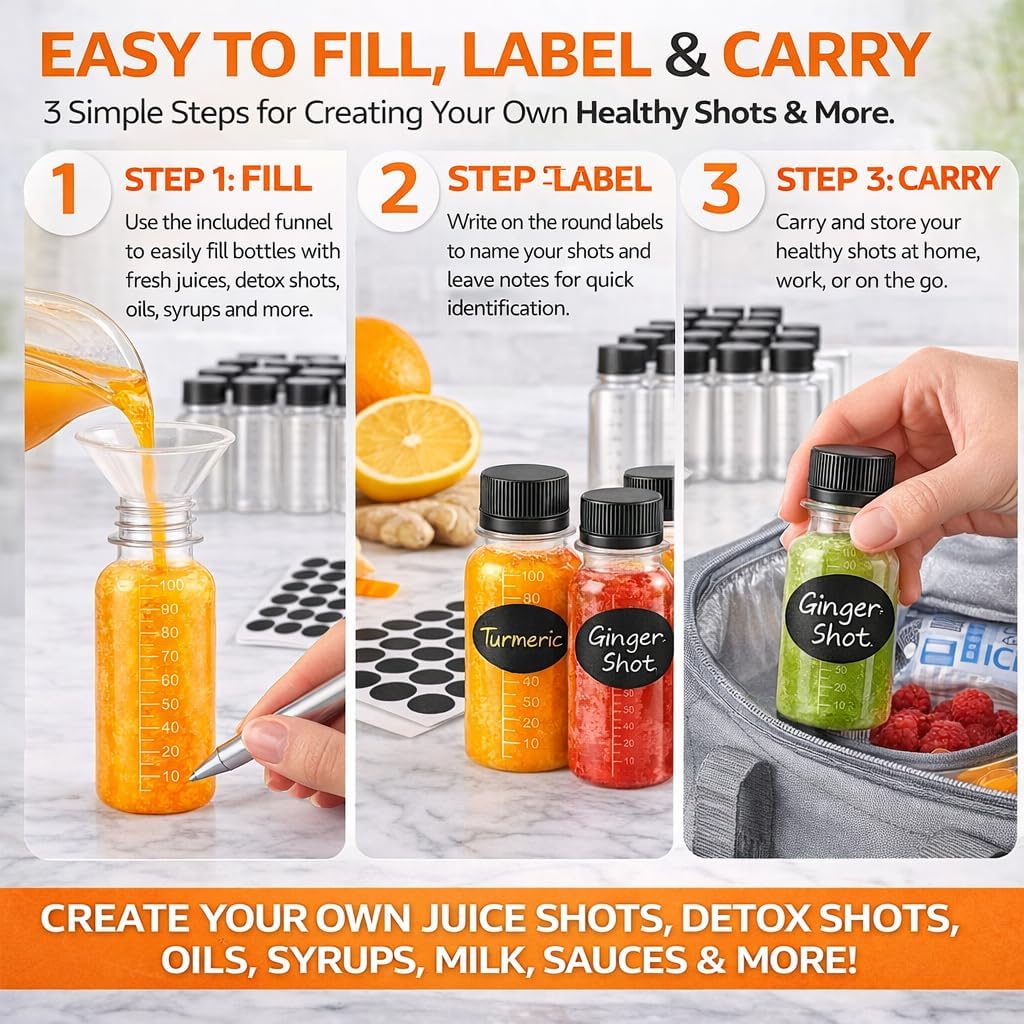 150 Pack 3 oz Plastic Juice Shot Bottles with Caps, Scale, Labels & Funnels, Clear Mini Portion Bottles for Ginger Shots, Sauces, Travel Liquids