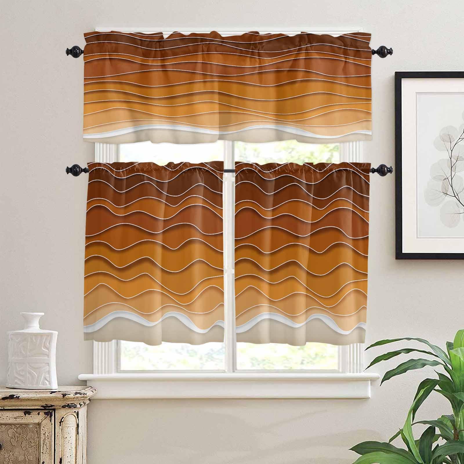 Orange Ocean Waves Kitchen Curtains 36 Inch Length,3 Piece Rod Pocket Small Half Tiers and Valance Set,Coastal Country Abstract Ombre Stripes Small Large Window Treatment Decor for Bedroom/Bathroom