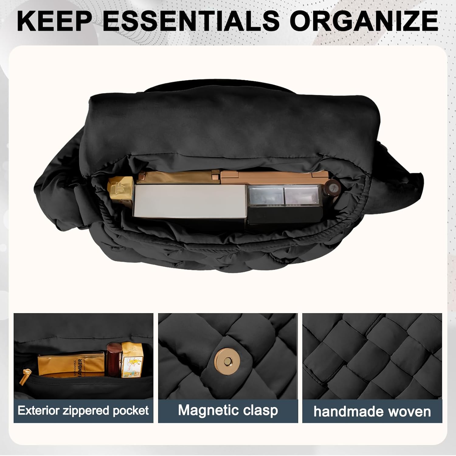 NAARIIAN Small Puffer Crossbody Bag for Women,Lightweight Quilted Woven Purse with Adjustable Strap,Crescent Shoulder Bag