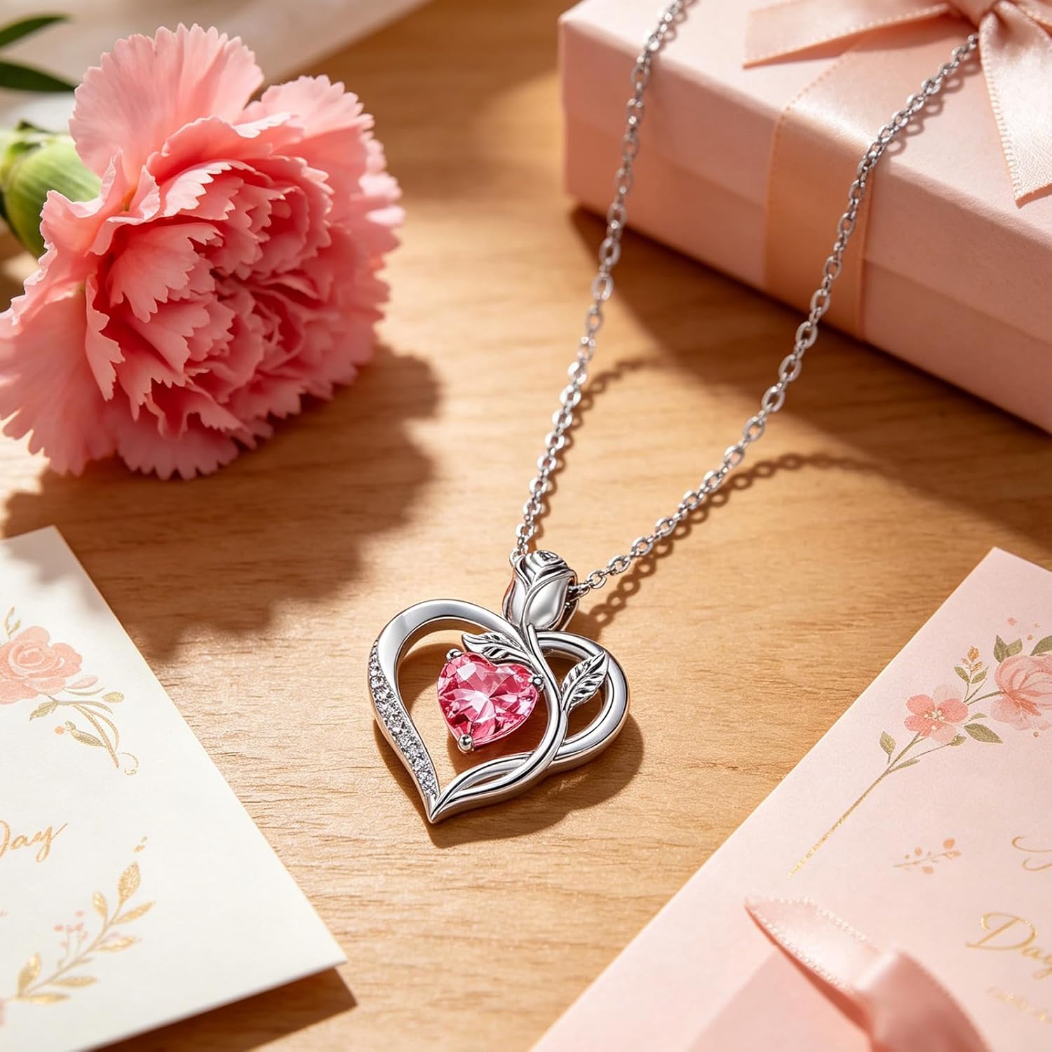 1.2CT Rose Heart Necklace Option of Moissanite or Lab-Grown Sapphire Ruby Emerald&More Necklace for Women Birthstone Girlfriend Necklace S925 Sterling Silver 18K White/Rose Gold Plated D Color VVS1 Gift for Wife Mother Daughter for Birthday Anniversary Mothers Day Necklace for Mom Engraved 'I LOVE YOU'