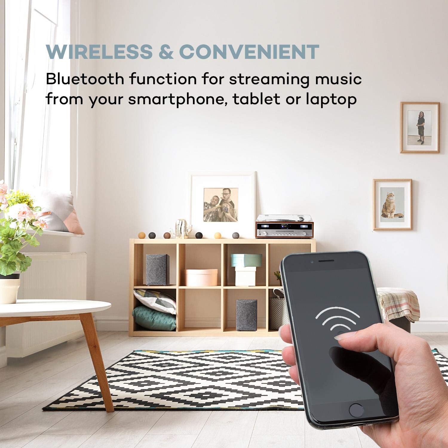 auna Birmingham chaîne Hi-FI stéréo :Tuner Radio Internet/Dab+/FM, 2 Haut-parleurs de 50W, Fonction Bluetooth, Platine, entraînement par Courroie 33 et 45 TR/Min, Lecteur CD, Port USB,Bois