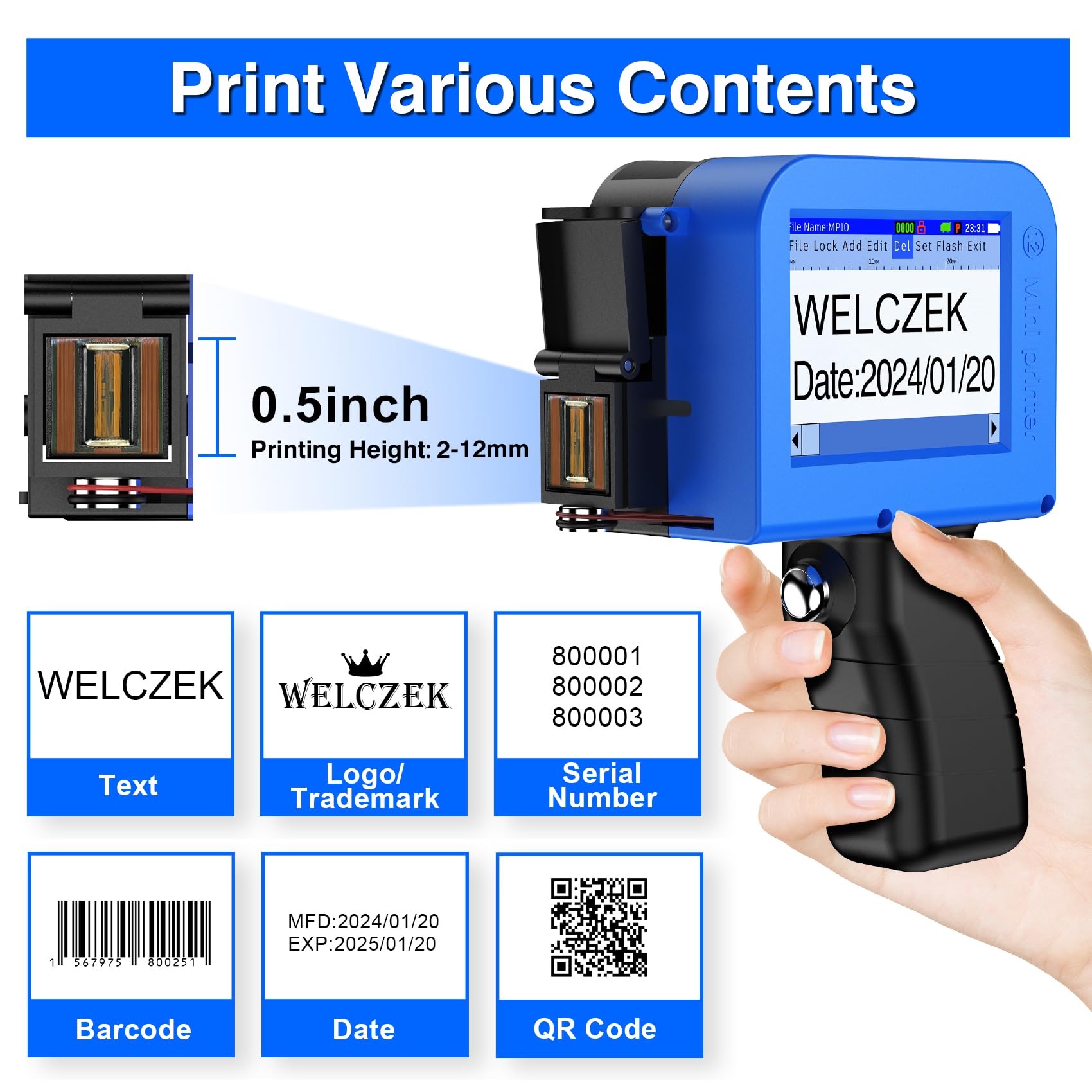 Impresora de Mano MP10 Mini con Cartucho de Tinta de Secado Rápido para Fecha Logotipo Código QR