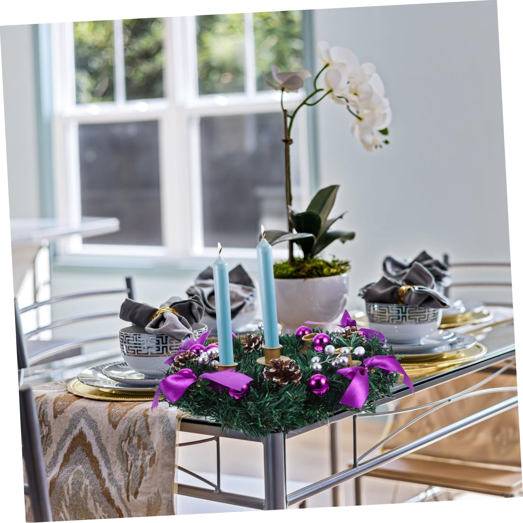 Adviento Navideña con Lazos Morados Portavelas Navideños Centro De Mesa Navideño con Purpurina y Bayas para Decoración del Hogar Candelabro Adviento Festivo