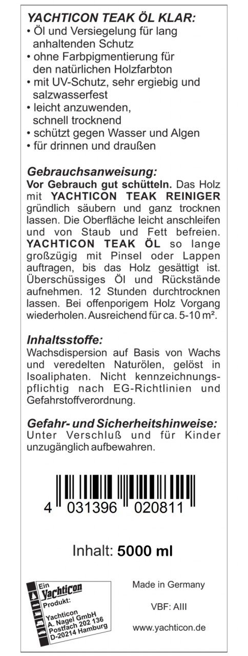 YACHTICON Teak Öl klar - Teakpflege 5 Liter
