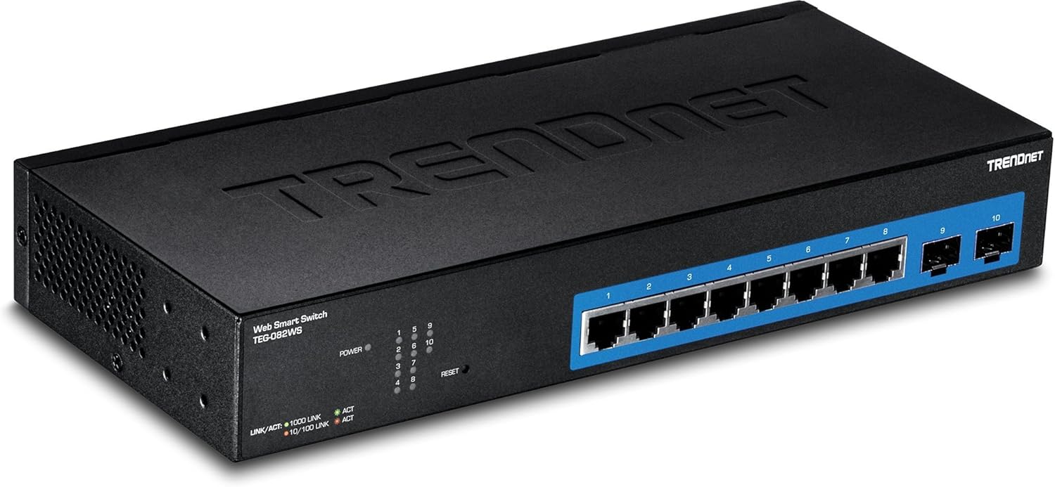 TRENDnet 10-Port Gigabit Web Smart Switch, 20 Gbps Switching Capacity, 8 x RJ-45 Ports, 2 x SFP, Slots, VLAN, QoS, LACP, IPv6 Support, Fanless, Rack Mountable, TEG-082WS (Renewed)