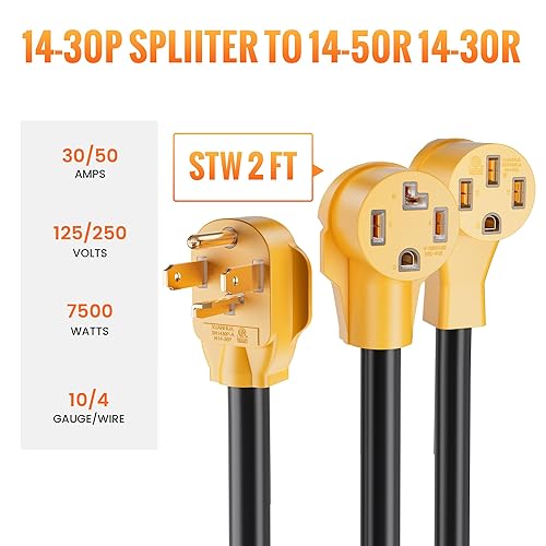 Miniatura 2 de Divisor Y para secadora de 30 amperios a RV/EV, NEMA 14-30P a 14-50R / 14-30R adaptador de cable de alimentación divisor y cable adaptador de