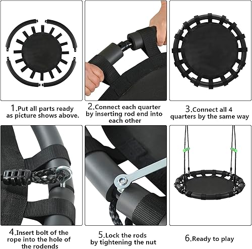 Miniatura 6 de ZBZBML Columpio de árbol con alfombrilla de polipropileno para niños y adultos, duradero, seguro y fácil de instalar, columpio negro para platillo