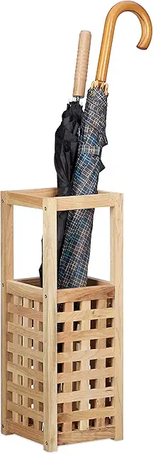 Paragüero de Mimbre Cuadrado Relaxdays, Soporte Paraguas y Bastones, Madera de Nogal