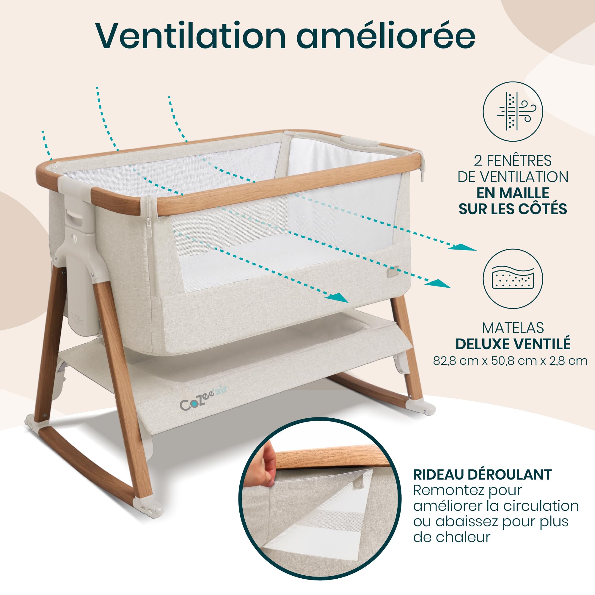 Tutti Bambini CoZee® Air Berceau Bébé & Lit Cododo - Lit Bébé Pliable avec Sac de Transport - Matelas Deluxe Respirant & 6 Hauteurs Réglables - 0-6 Mois (Noyer & Écru)