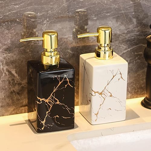 Miniatura 5 de Dispensador de jabón de cerámica de mármol blanco de alta calidad, botella cuadrada recargable de 10 onzas con bomba dorada para baño, cocina,