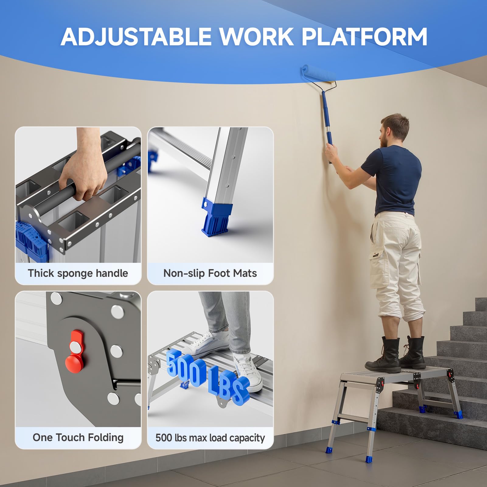 Loyoda Plataforma de trabajo plegable para adultos, taburete plegable de aluminio de altura ajustable, ligero y duradero, escalera de aluminio portátil para exteriores, capacidad de carga máxima de
